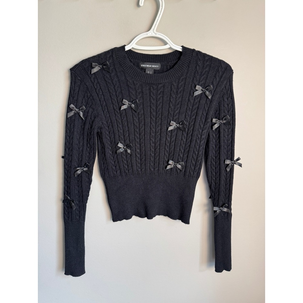 Streetwear Society Womens Black Cable Knit Bow Coquette Sweater S Ribbon Trendy